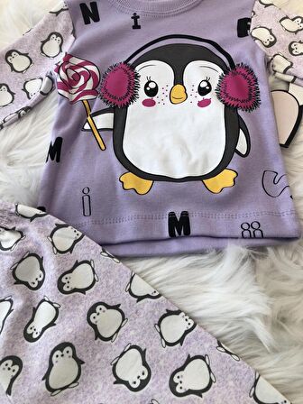 Mutlu Penguen Baskılı Kız Pijama Takımı 1495