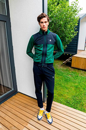 Erkek Iki Iplik Kumaş Slim Fit Dar Paça Yeşil Fermuar Eşofman Takımı - 7664