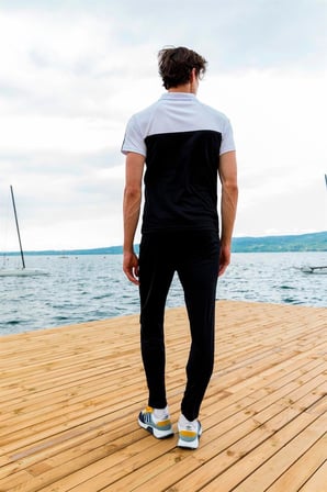 Erkek Kombin Lacivert Merserize Kumaş Polo Yaka Omuz Çizgili Kısa Kollu T-Shirt, Lacivert Eşofman Alt Üst Takım - 151