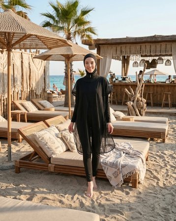 Büyük Beden Dik Yaka Fermuarlı İç Giyimli Çift Boneli File Elbiseli Tulum Kadın Tesettür Mayo