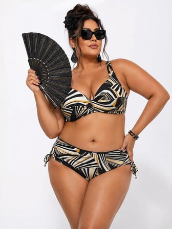 Büyük Beden Balenli Geometrik Desenli Kaplı Ayarlanabilir Askılı Toparlayıcı Kadın Bikini Takım