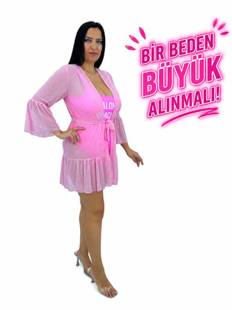 Büyük Beden Taşlı Uzun Kollu Kolları Eteği Fırfırlı Beli Bağcıklı Midi Tül Kadın Pareo