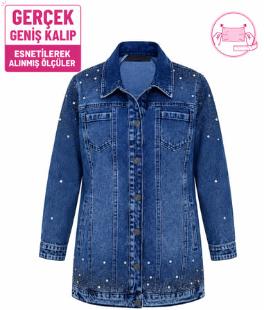 Büyük Beden Yakalı Taş Detaylı Cepli Kadın Denim Ceket