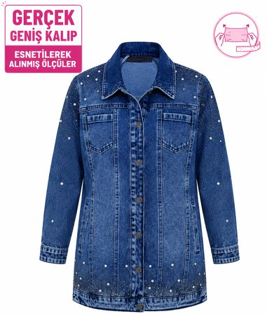 Büyük Beden Yakalı Taş Detaylı Cepli Kadın Denim Ceket