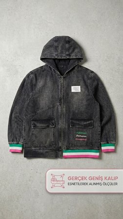 Büyük Beden Yakalı Fermuarlı Cep Baskı Detaylı Denim Kadın Ceket