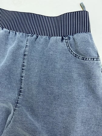 Büyük Beden Tencel Yüksek Bel Çizgili Lastikli Çiçek ve Taş İşlemeli Geniş Paça Kadın Pantolon