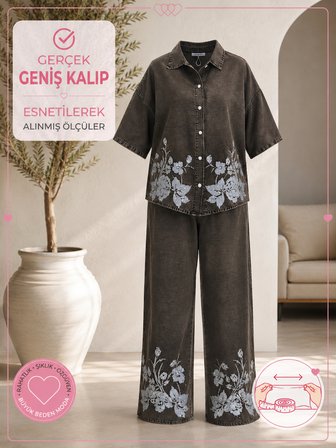 Büyük Beden Yakalı Düğmeli Kapri Kol Çiçek Desenli Bol Paça Denim Kadın İkili Takım