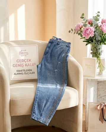 Büyük Beden Mom Kesim Yan Şerit Detaylı Denim Kadın Pantolon
