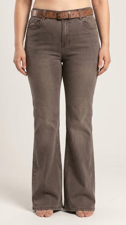 Büyük Beden Yüksek Bel Kemerli Bol Paça Denim Kadın Panton