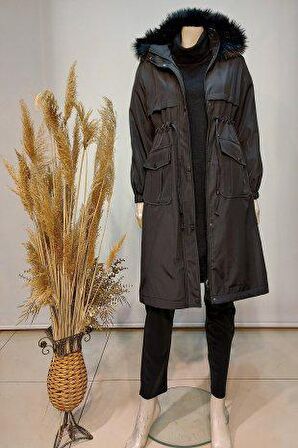 Asmiray (NEHİR)Kadın Cepli Bondit Bel Bağcıklı Kapüşonu Kürklü Kaban 13938