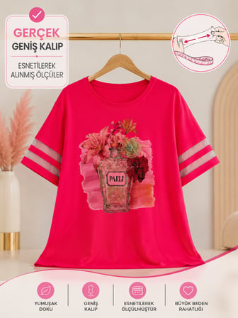 Büyük Beden Çiçek Desenli Taş Boncuk Baskılı Bisiklet Yaka Kolları Tül Detaylı Neon Renkli Kadın Bluz
