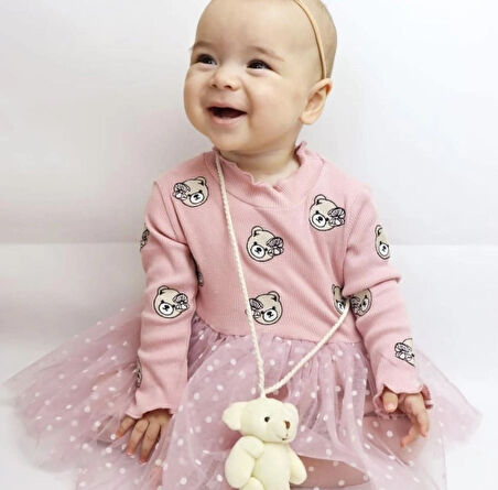 AYICIK MOTİFLİ TÜTÜ ELBİSE&YELEKLİ 3LÜ SET 21241