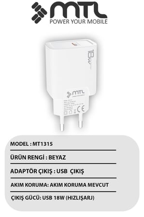 18W QC 3.0 Destekli USB Çıkışlı Hızlı Şarj Adaptörü MT1315