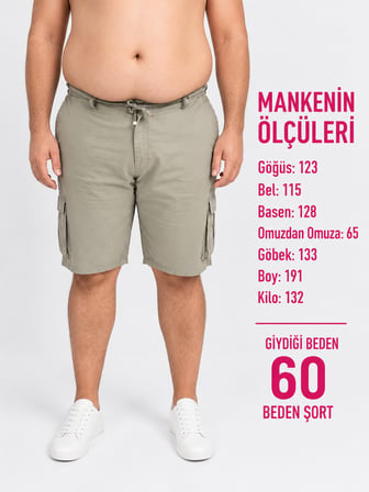 Büyük Beden Beli Yandan Lastikli Bağcıklı Fermuarlı Kargo Cepli Erkek Şort