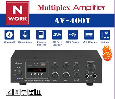 Nwork AV-400T 400 Watt Sd+Usb+Bluetooth+Kumanda Çift Kanal Trafolu Anfi