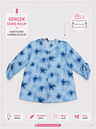 Büyük Beden Çiçek Desenli V Yaka Viskon Kadın Gömlek