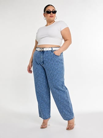 Büyük Beden Denim Kemerli Yüksek Bel Puantiyeli Cepli Balon Kesim Kadın Pantolon