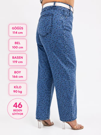 Büyük Beden Denim Kemerli Yüksek Bel Puantiyeli Cepli Balon Kesim Kadın Pantolon