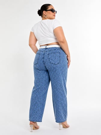 Büyük Beden Denim Kemerli Yüksek Bel Puantiyeli Cepli Balon Kesim Kadın Pantolon