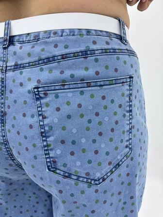 Büyük Beden Denim Kemerli Yüksek Bel Puantiyeli Cepli Balon Kesim Kadın Pantolon