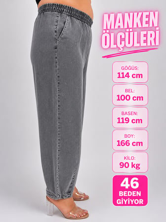 Büyük Beden Denim Beli Latikli Taş Baskılı Balon Kesim Kadın Pantolon