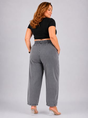 Büyük Beden Denim Beli Latikli Taş Baskılı Balon Kesim Kadın Pantolon