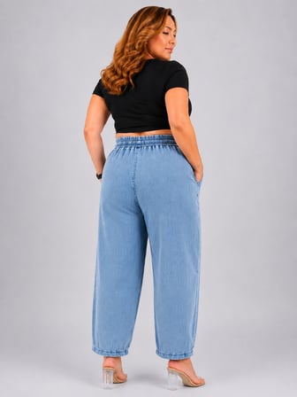 Büyük Beden Denim Beli Latikli Taş Baskılı Balon Kesim Kadın Pantolon