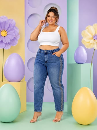 Battal Mom Kesim Yan Şerit Detaylı Denim Kadın Pantolon