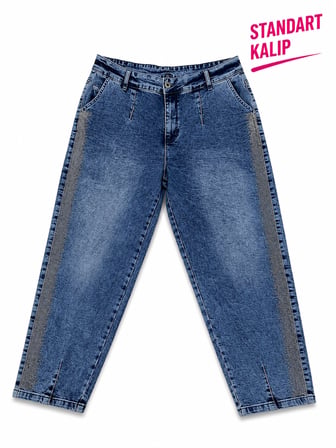 Battal Mom Kesim Yan Şerit Detaylı Denim Kadın Pantolon