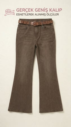 Büyük Beden Yüksek Bel Kemerli Bol Paça Denim Kadın Panton
