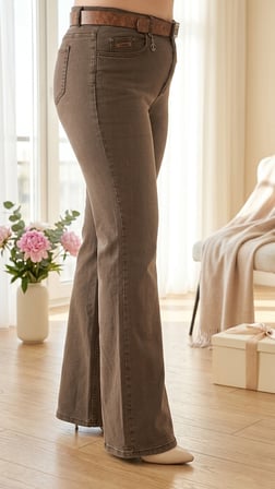 Büyük Beden Yüksek Bel Kemerli Bol Paça Denim Kadın Panton
