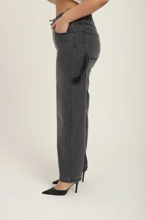 Büyük Beden Beli Lastikli Cepli Likralı Denim Mom Kesim Kadın Pantolon