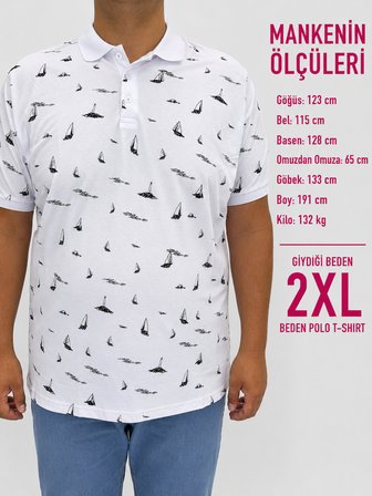 Büyük Beden Polo Yaka Düğmeli Yelken Figür Baskılı Erkek Tshirt