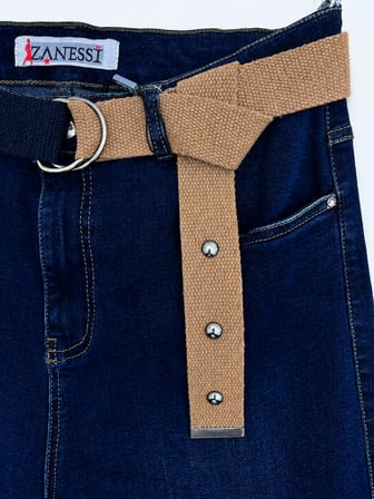 Büyük Beden Kemerli Likralı Denim Kadın Pantolon