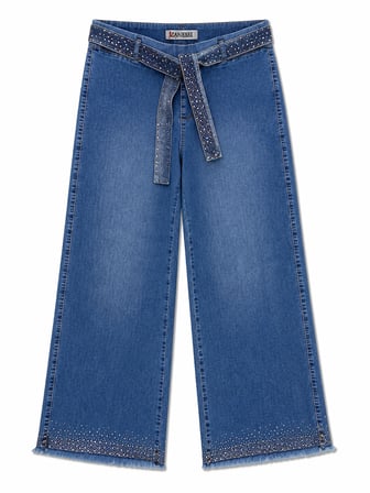 Büyük Beden Kemerli Likralı Taşlı Denim Kadın Pantolon