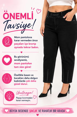 Büyük Beden Lastikli Yüksek Belli Likralı Geniş Kalıp Mom Kadın Taşlı Kot Pantolon