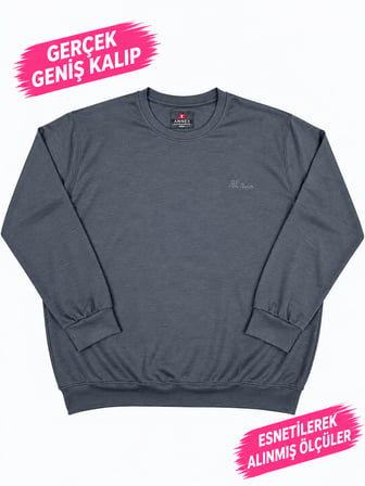 Büyük Beden Bisiklet Yaka Uzun Kollu Ribanalı Erkek Sweatshirt
