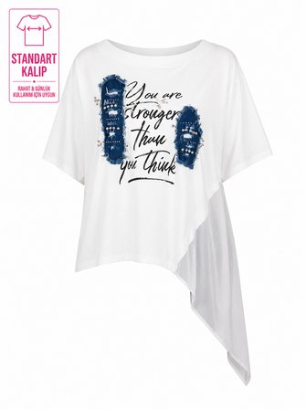 Büyük Beden Asimetrik Şifon Detaylı Taş ve Denim Aplikeli Baskılı Rahat Kesim Kadın Bluz