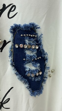Büyük Beden Asimetrik Şifon Detaylı Taş ve Denim Aplikeli Baskılı Rahat Kesim Kadın Bluz