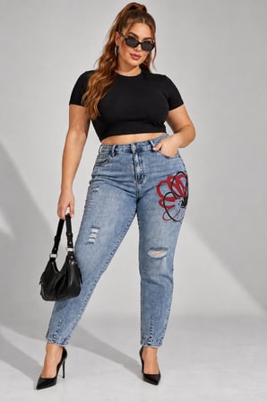 Büyük Beden Yüksek Bel Yıkamalı Denim Yırtık ve Taş İşlemeli Baskı Detaylı Kadın Pantolon