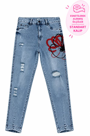 Büyük Beden Yüksek Bel Yıkamalı Denim Yırtık ve Taş İşlemeli Baskı Detaylı Kadın Pantolon
