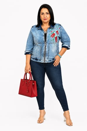 Büyük Beden Fermuarlı Lale Desenli Yıkamalı Denim Kapri Kol Kadın Ceket