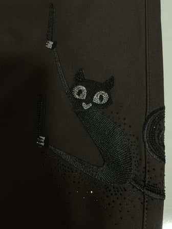 Büyük Beden Yüksek Bel Taş İşlemeli Kedi Nakış Detaylı Beli Lastikli Kadın Pantolon