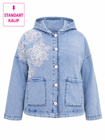 Büyük Beden Kapüşonlu Düğmeli Çiçek Dantel ve İnci Detaylı İnce Denim Kadın Ceket