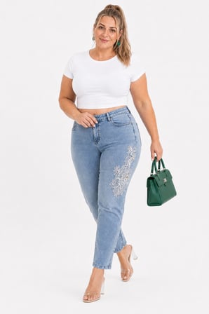 Büyük Beden Yıkamalı Denim Dantel Aplikeli İnci Taş Detaylı Kadın Pantolon