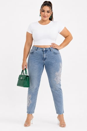 Büyük Beden Yüksek Bel Çiçek Dantel ve İnci Detaylı Denim Kadın Pantolon