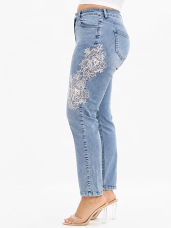 Büyük Beden Yüksek Bel Çiçek Dantel ve İnci Detaylı Denim Kadın Pantolon