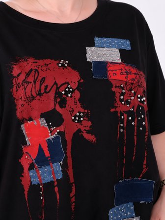 Büyük Beden Kadın Taş ve Kot Aplike Detaylı Bisiklet Yaka Kadın Bluz