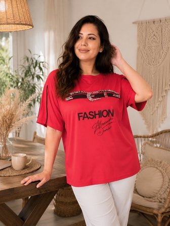 Büyük Beden Fashion Yazı Baskılı Taş Kemer Detaylı Kısa Kollu Kadın Bluz