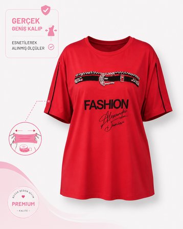 Büyük Beden Fashion Yazı Baskılı Taş Kemer Detaylı Kısa Kollu Kadın Bluz